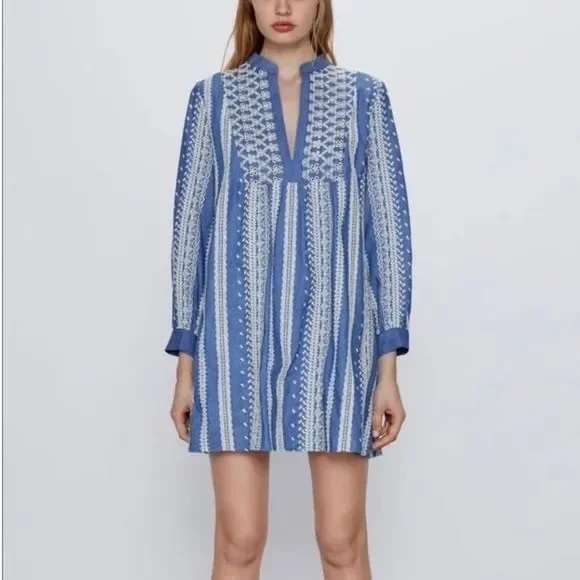 Zara Embroidered Eyelet Chambray Tunic Peasant Mini Dress - Picture 3 of 14